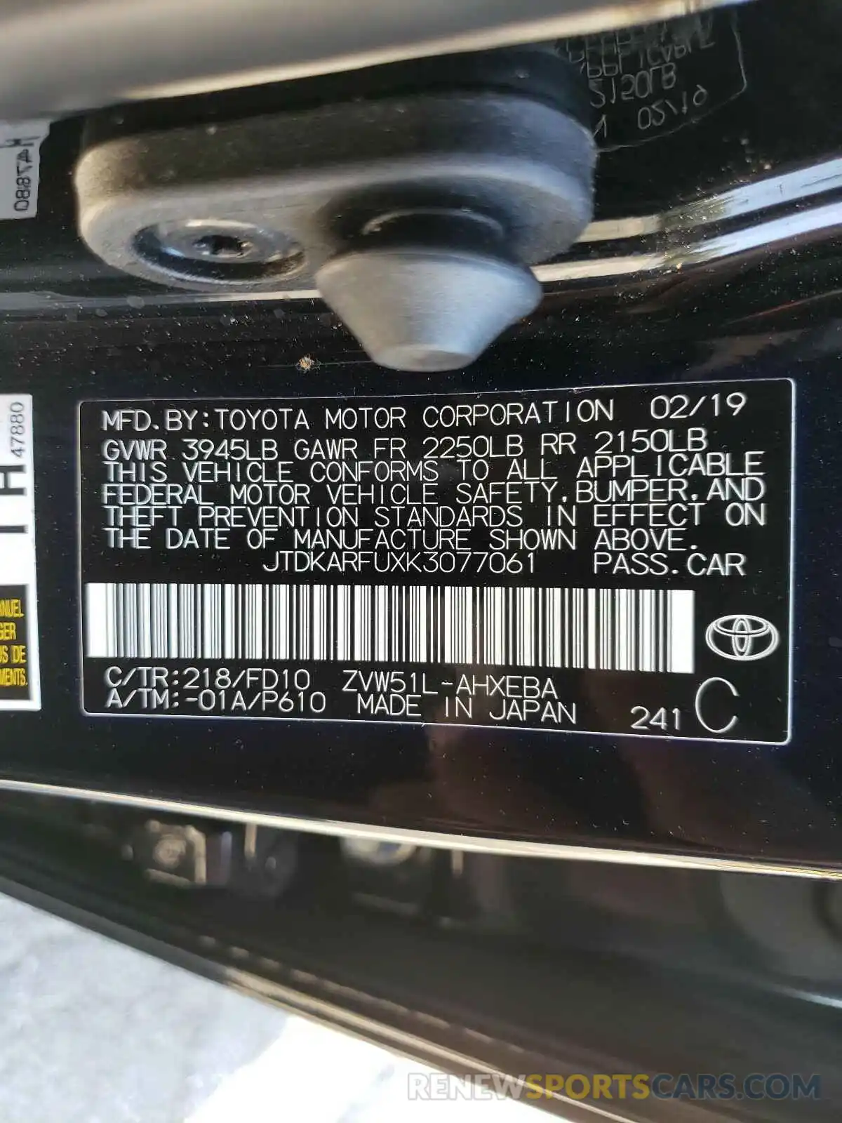 10 Photograph of a damaged car JTDKARFUXK3077061 TOYOTA PRIUS 2019