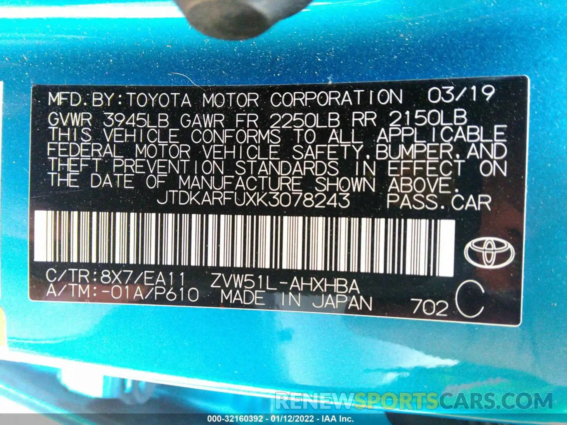 9 Photograph of a damaged car JTDKARFUXK3078243 TOYOTA PRIUS 2019