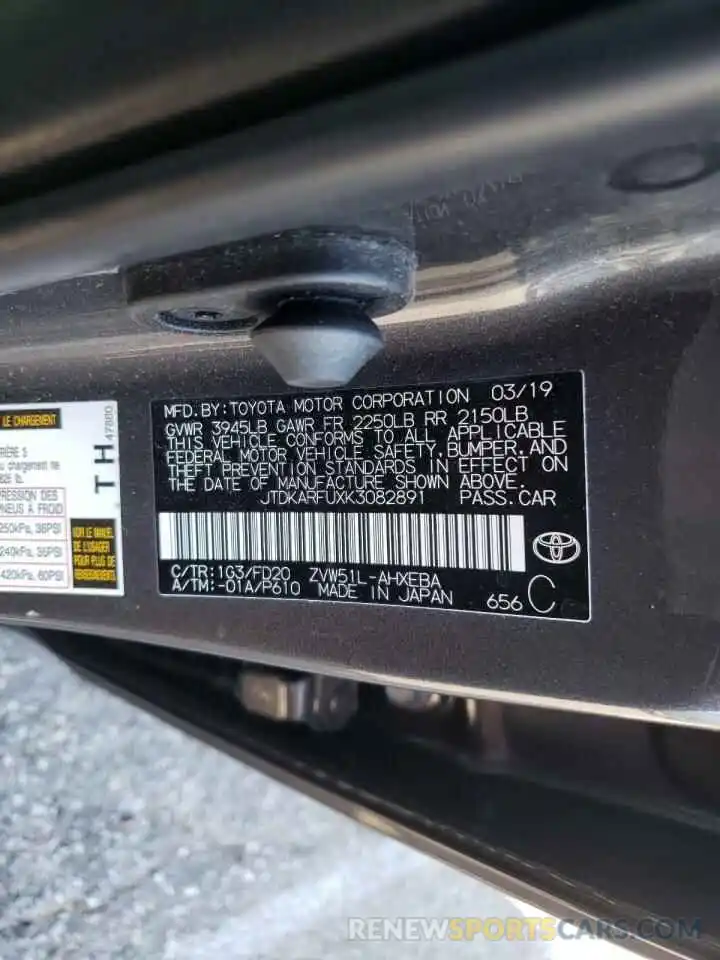 10 Photograph of a damaged car JTDKARFUXK3082891 TOYOTA PRIUS 2019