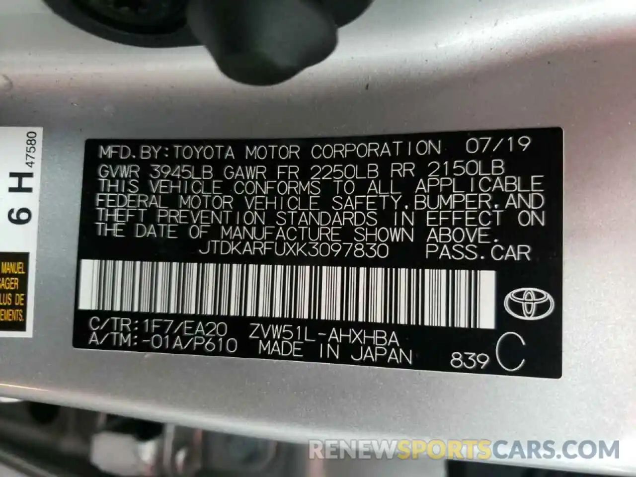 10 Photograph of a damaged car JTDKARFUXK3097830 TOYOTA PRIUS 2019