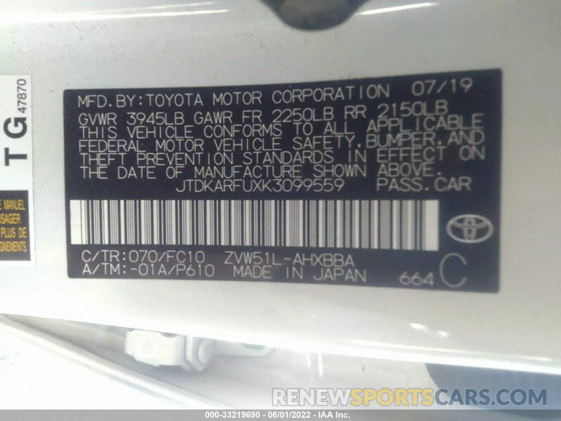 9 Photograph of a damaged car JTDKARFUXK3099559 TOYOTA PRIUS 2019