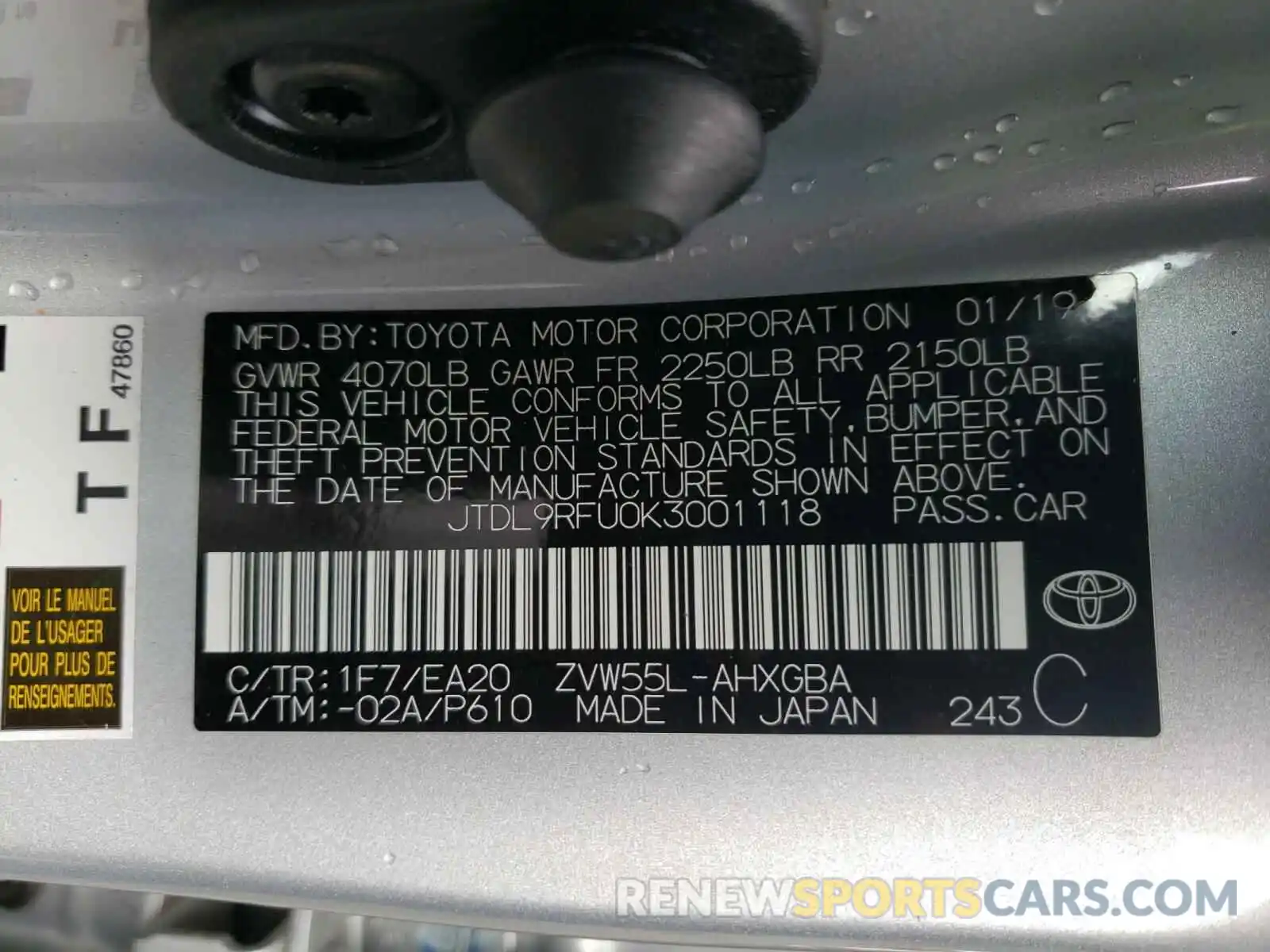 10 Photograph of a damaged car JTDL9RFU0K3001118 TOYOTA PRIUS 2019