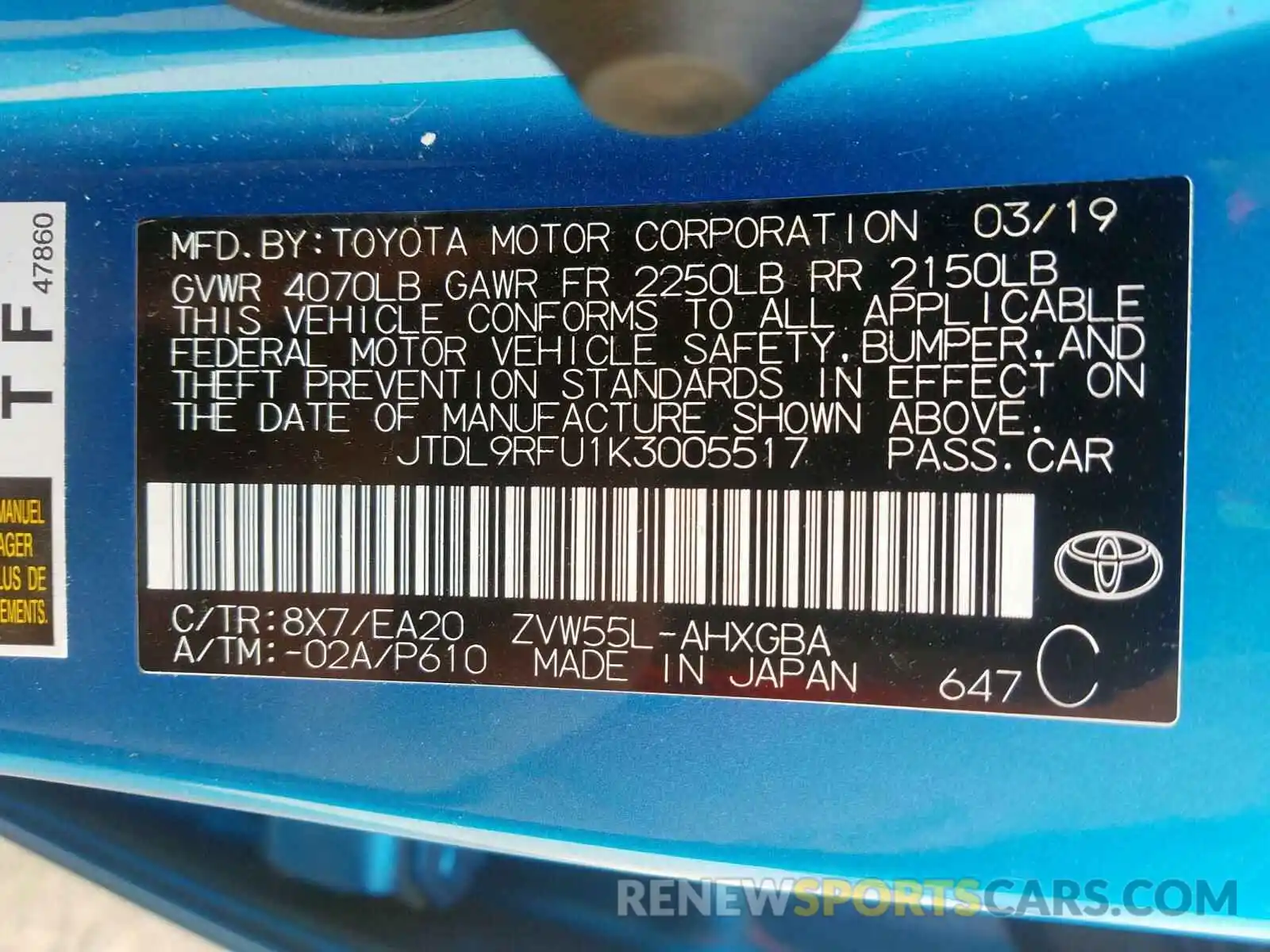 10 Photograph of a damaged car JTDL9RFU1K3005517 TOYOTA PRIUS 2019