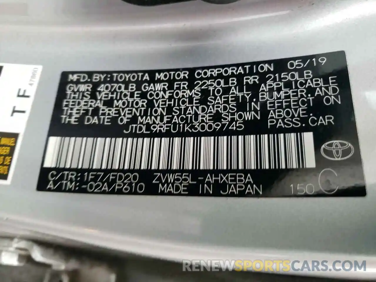 10 Photograph of a damaged car JTDL9RFU1K3009745 TOYOTA PRIUS 2019