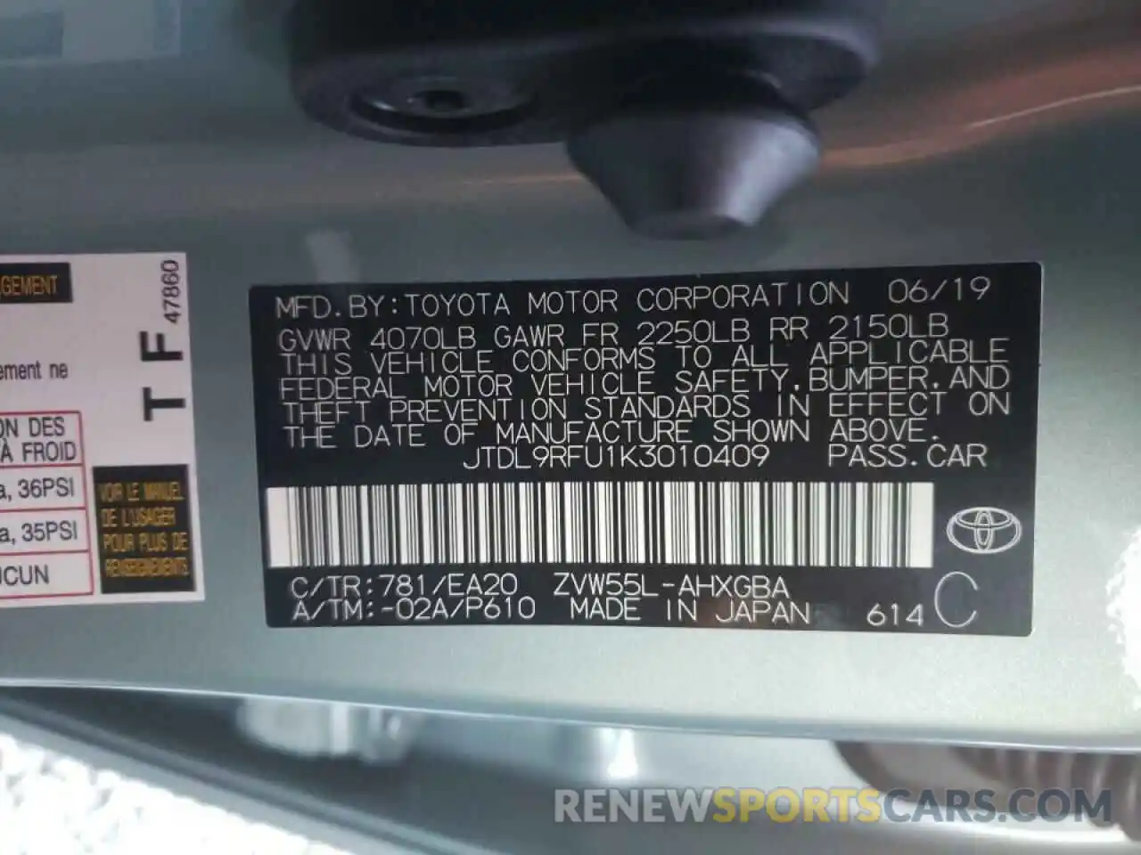 10 Photograph of a damaged car JTDL9RFU1K3010409 TOYOTA PRIUS 2019