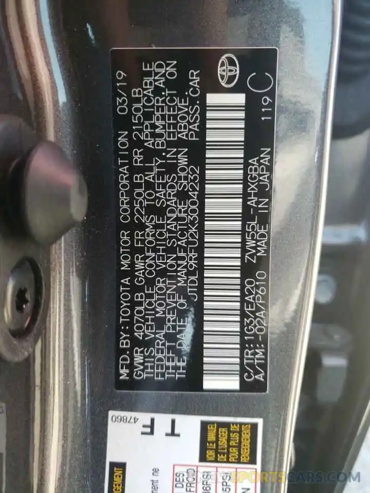 10 Photograph of a damaged car JTDL9RFU2K3004232 TOYOTA PRIUS 2019