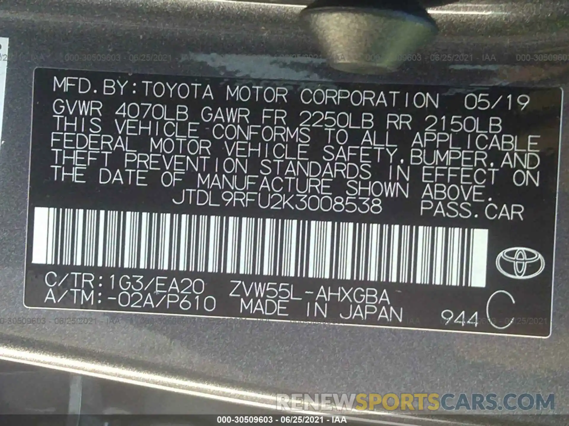 9 Photograph of a damaged car JTDL9RFU2K3008538 TOYOTA PRIUS 2019