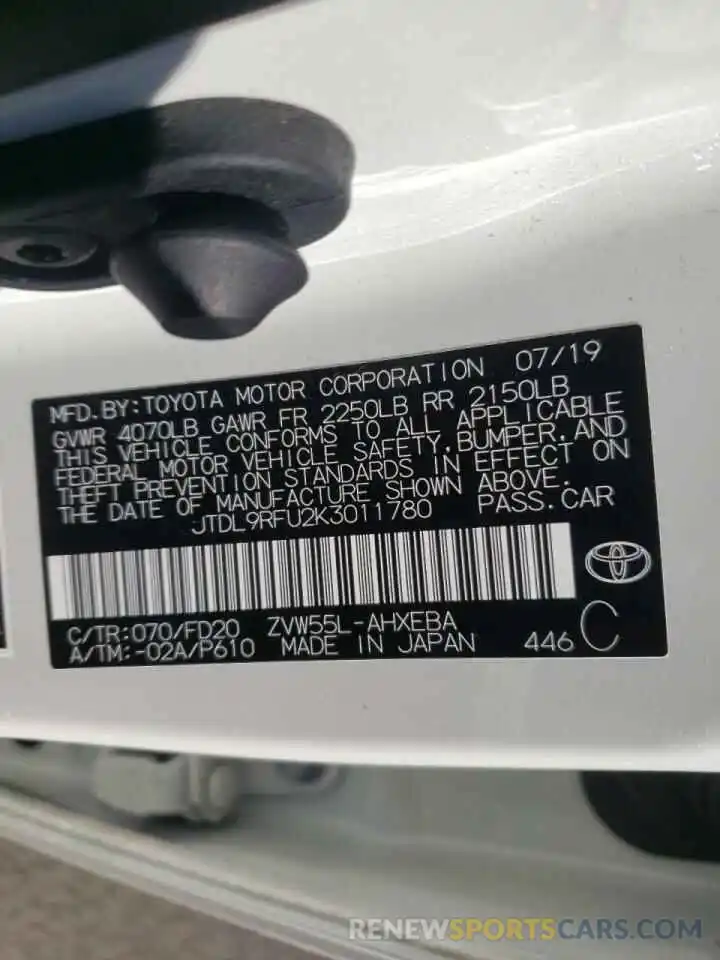 10 Photograph of a damaged car JTDL9RFU2K3011780 TOYOTA PRIUS 2019