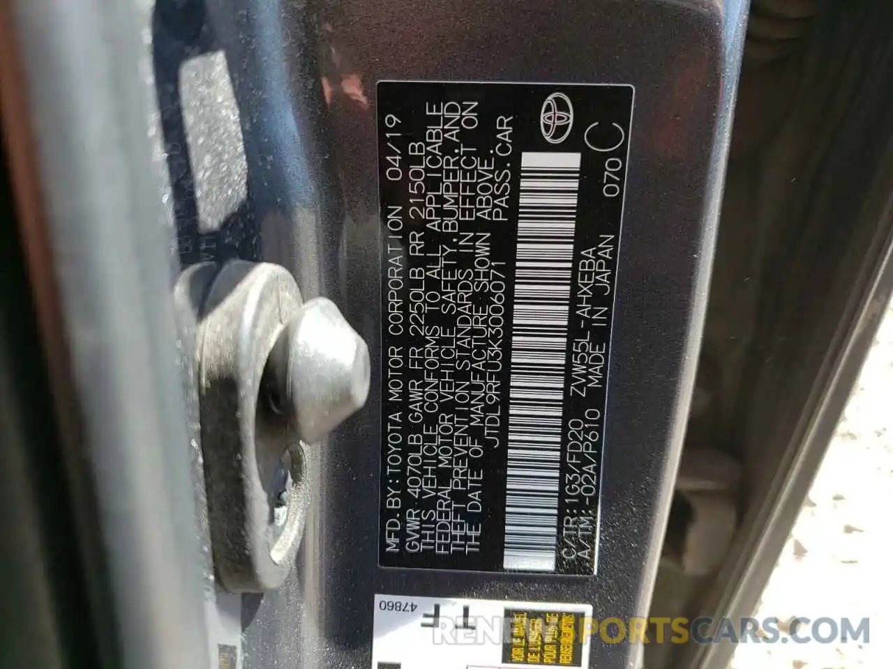 10 Photograph of a damaged car JTDL9RFU3K3006071 TOYOTA PRIUS 2019