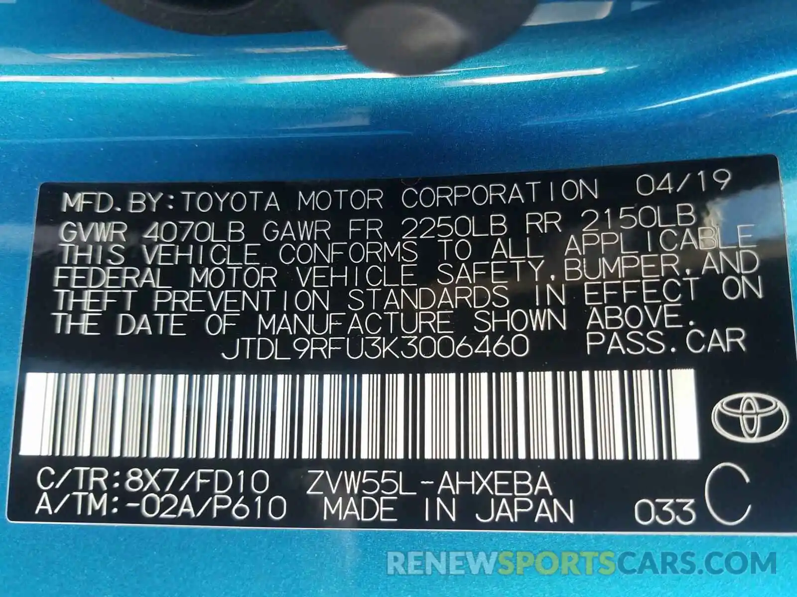 10 Photograph of a damaged car JTDL9RFU3K3006460 TOYOTA PRIUS 2019