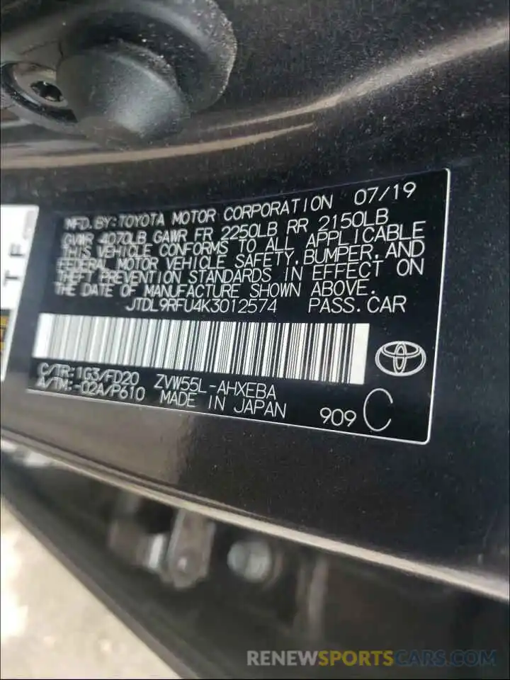 10 Photograph of a damaged car JTDL9RFU4K3012574 TOYOTA PRIUS 2019