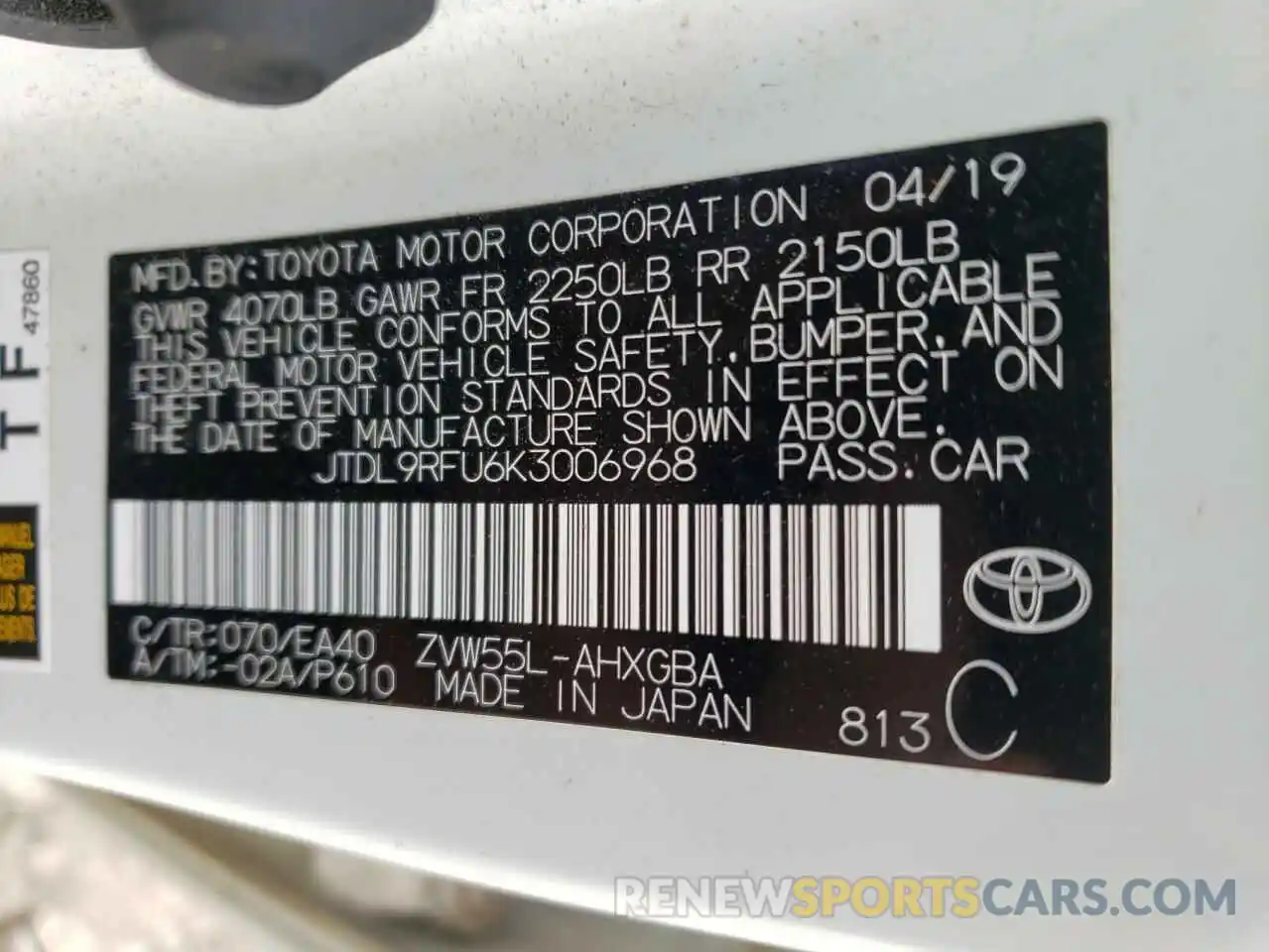 10 Photograph of a damaged car JTDL9RFU6K3006968 TOYOTA PRIUS 2019