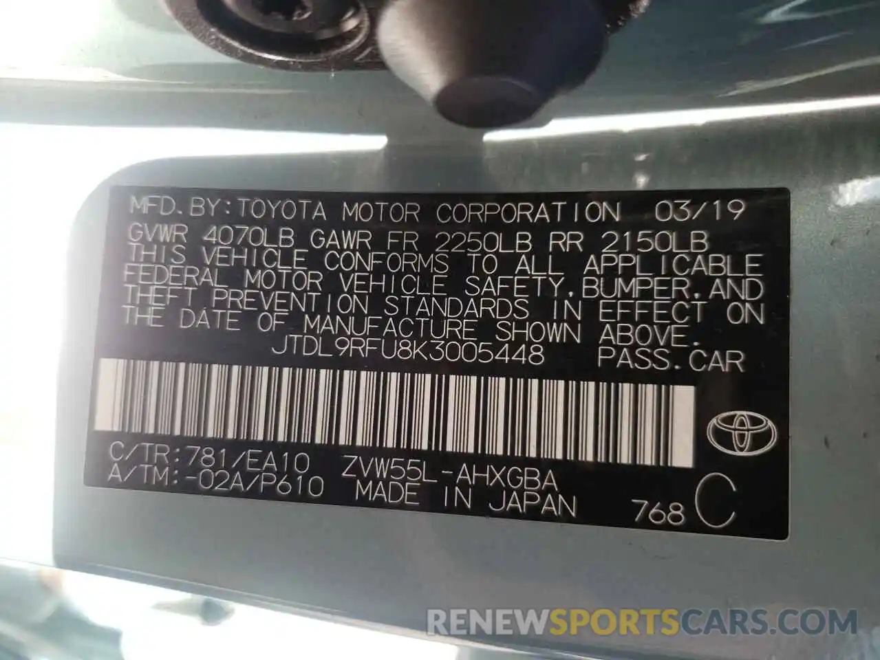 10 Photograph of a damaged car JTDL9RFU8K3005448 TOYOTA PRIUS 2019