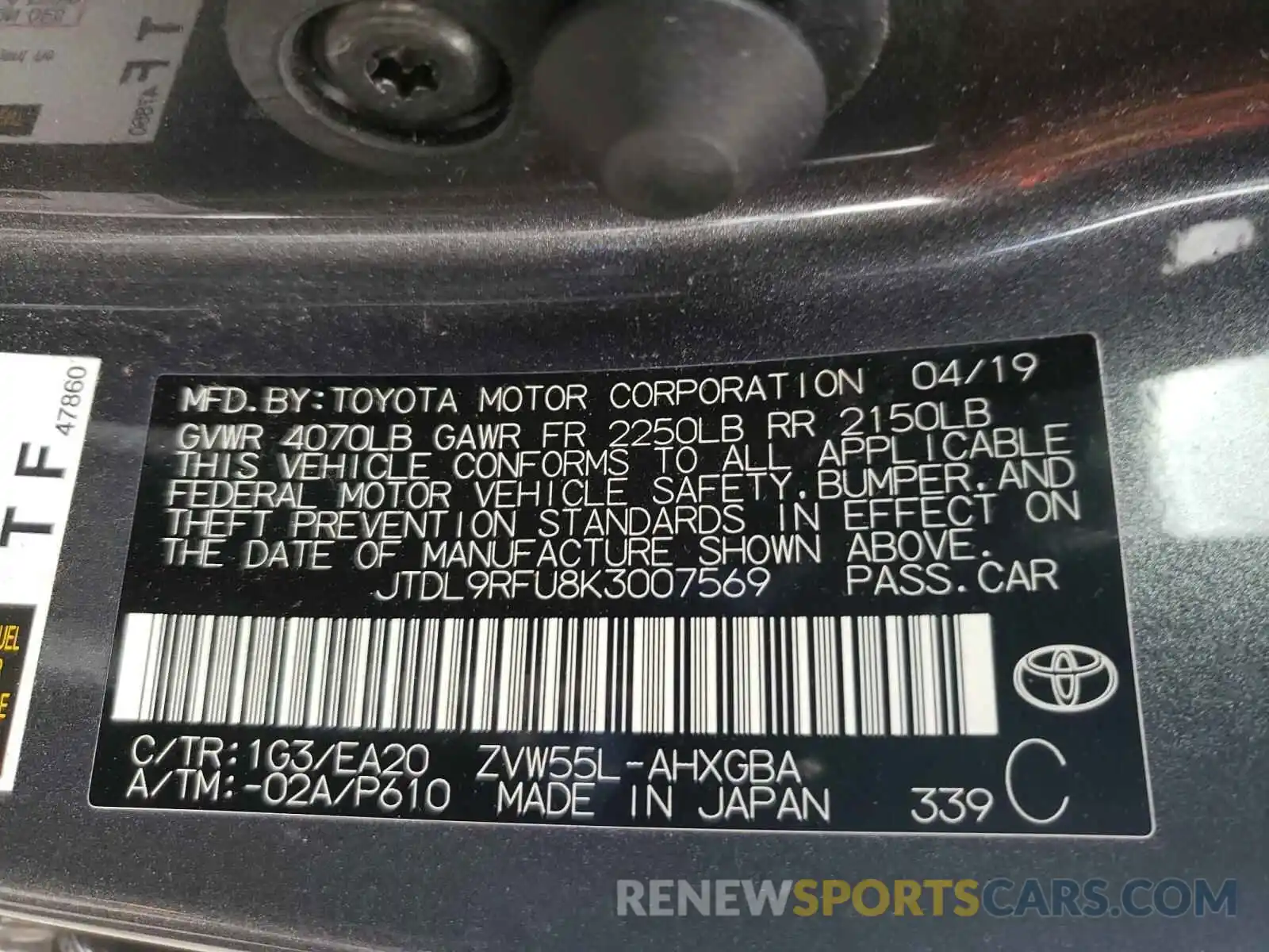 10 Photograph of a damaged car JTDL9RFU8K3007569 TOYOTA PRIUS 2019