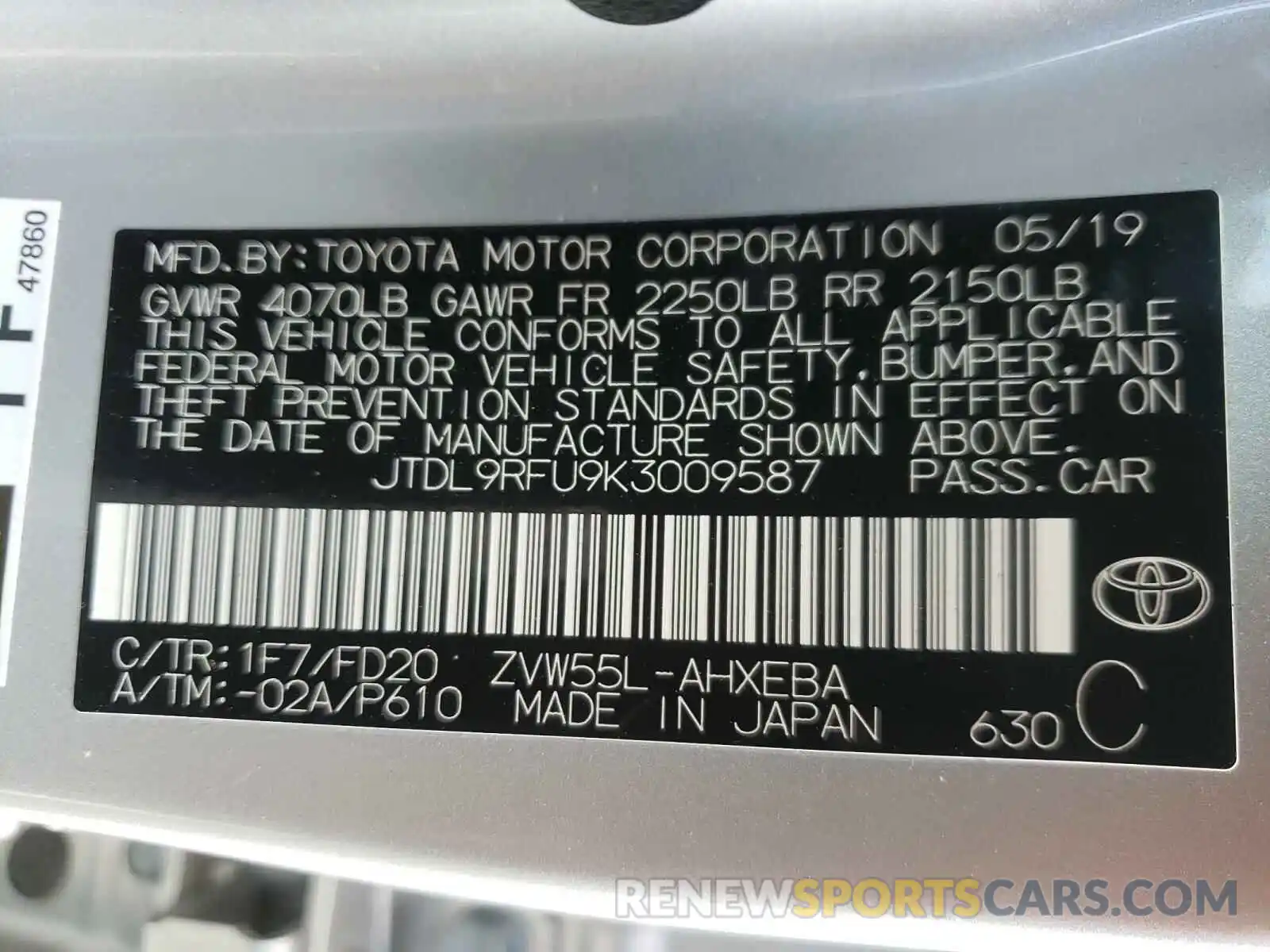 10 Photograph of a damaged car JTDL9RFU9K3009587 TOYOTA PRIUS 2019