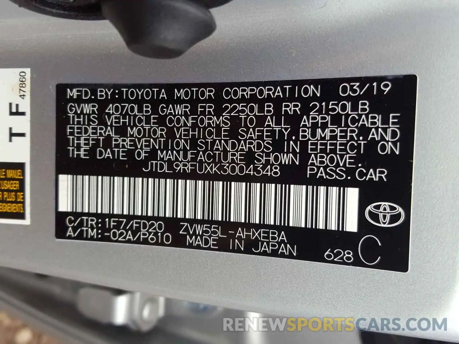 10 Photograph of a damaged car JTDL9RFUXK3004348 TOYOTA PRIUS 2019