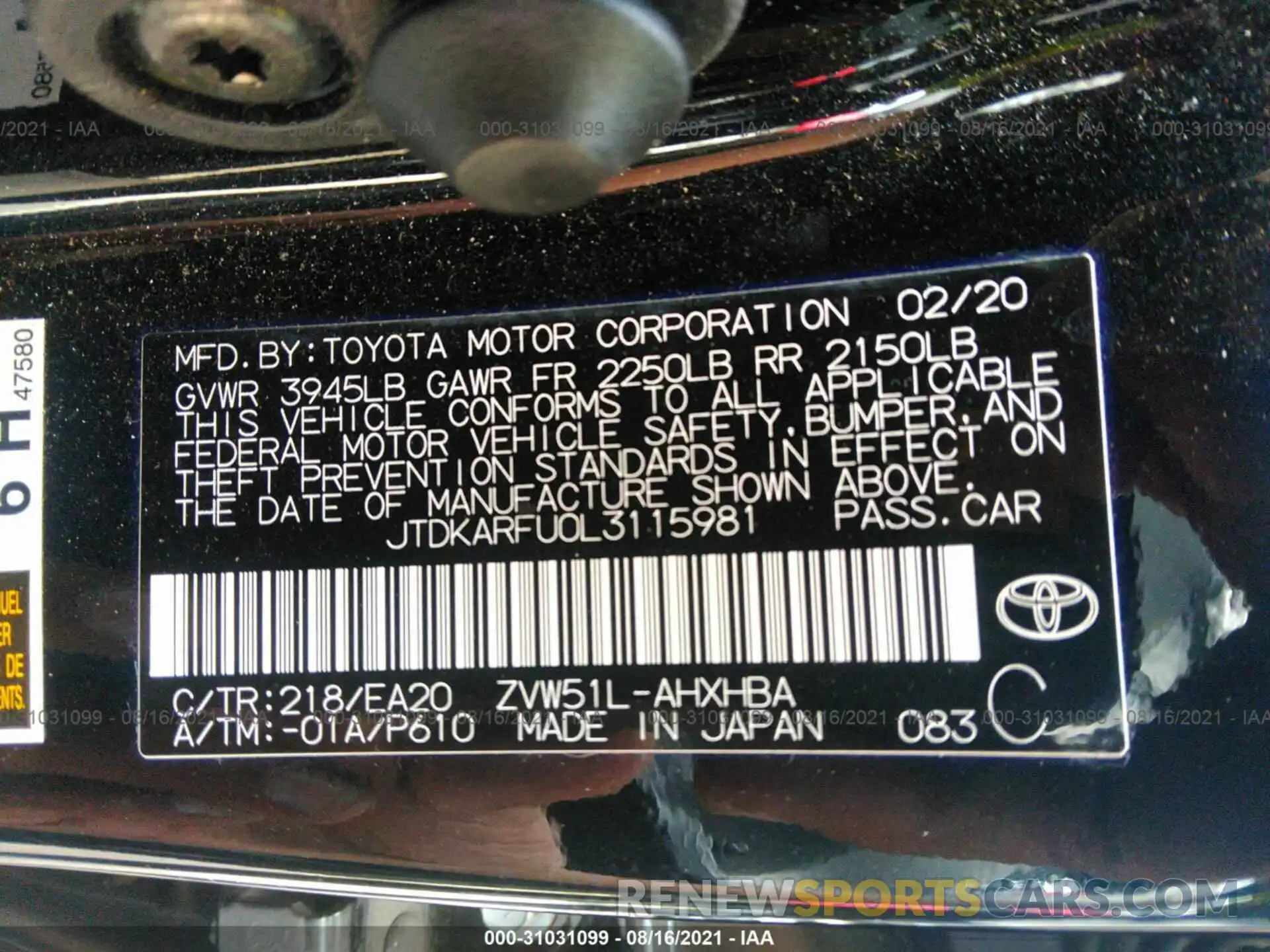 9 Фотография поврежденного автомобиля JTDKARFU0L3115981 TOYOTA PRIUS 2020