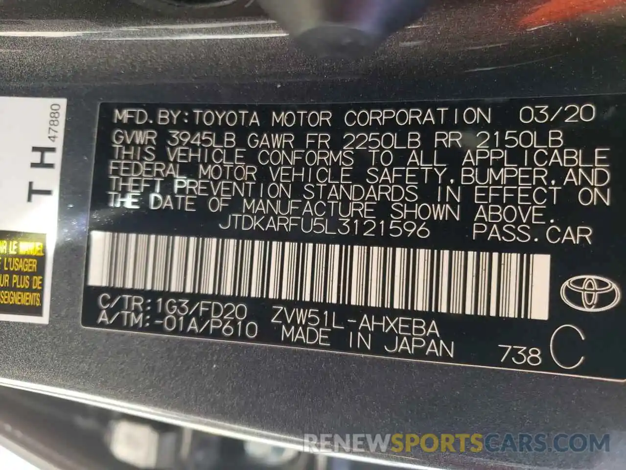 10 Фотография поврежденного автомобиля JTDKARFU5L3121596 TOYOTA PRIUS 2020