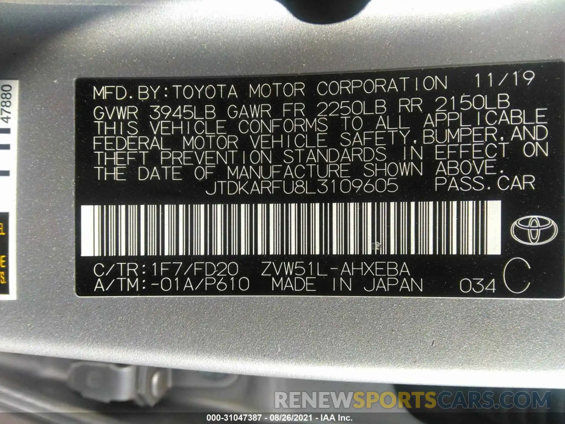 9 Фотография поврежденного автомобиля JTDKARFU8L3109605 TOYOTA PRIUS 2020