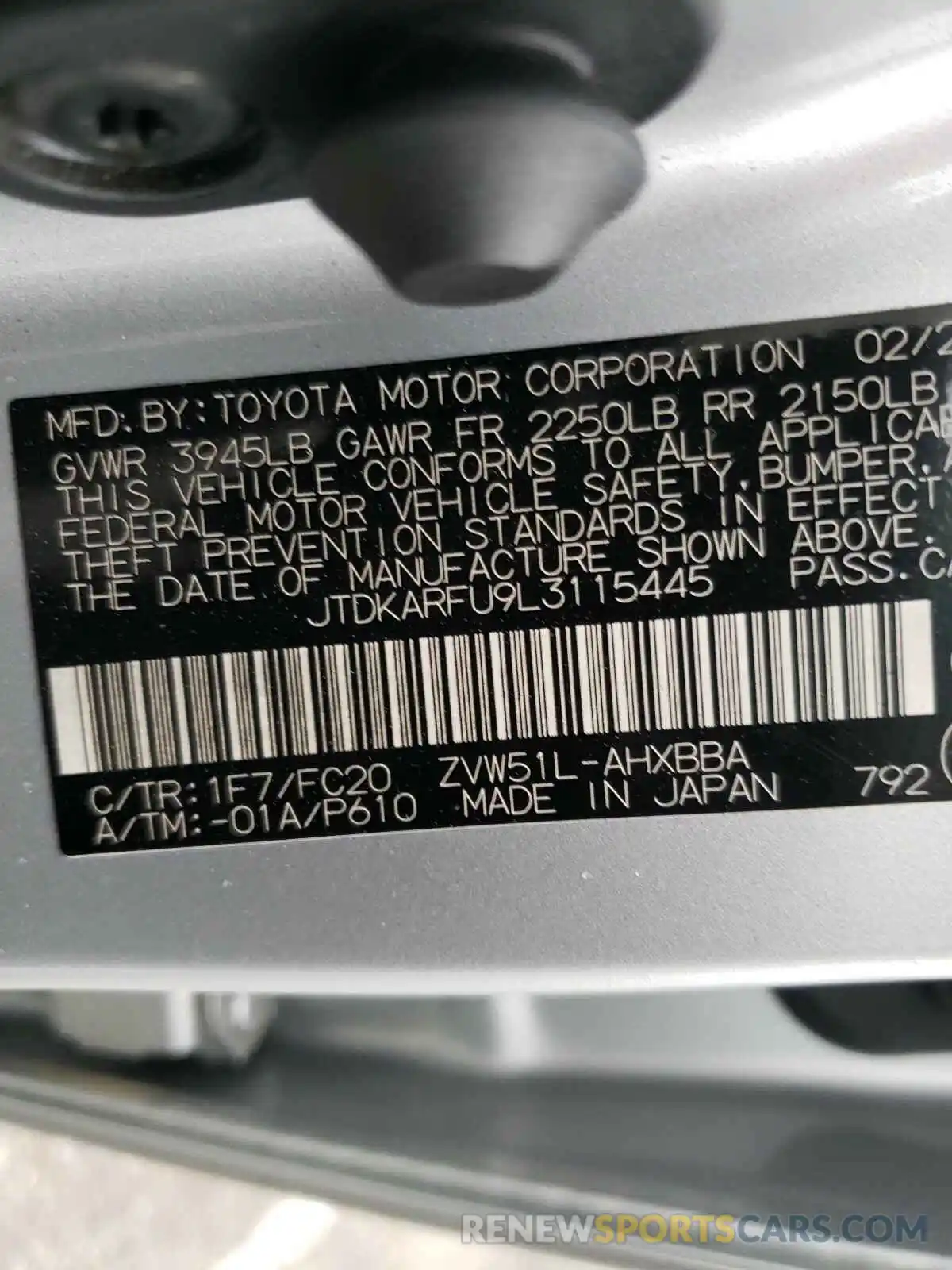 10 Фотография поврежденного автомобиля JTDKARFU9L3115445 TOYOTA PRIUS 2020