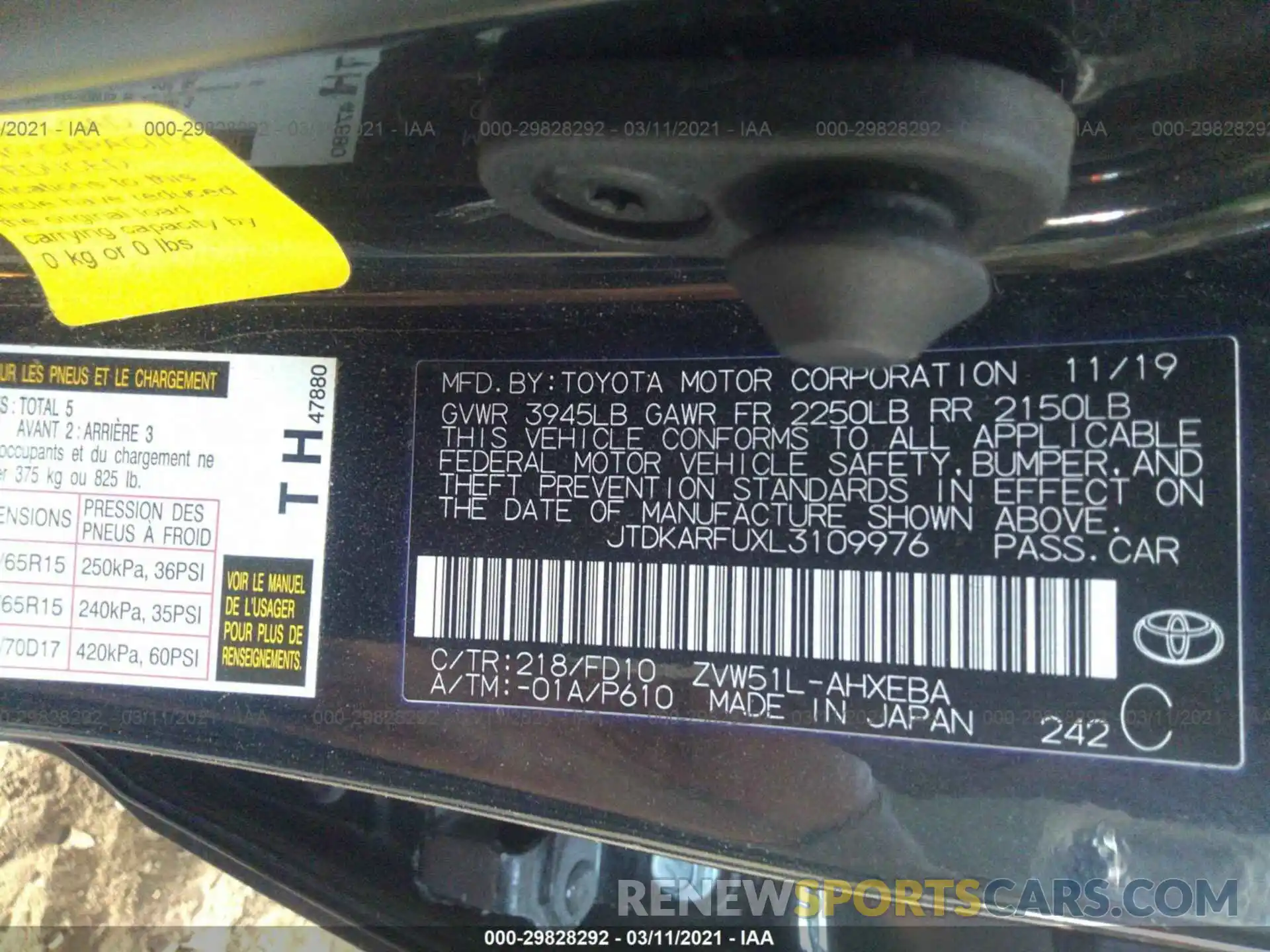 9 Фотография поврежденного автомобиля JTDKARFUXL3109976 TOYOTA PRIUS 2020