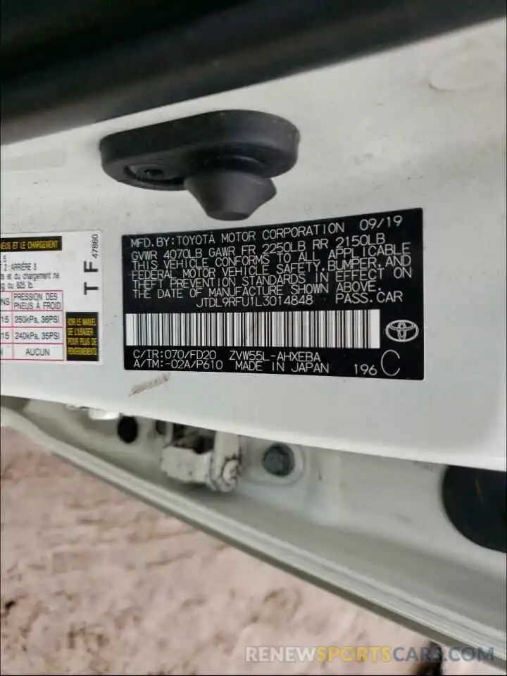 10 Photograph of a damaged car JTDL9RFU1L3014848 TOYOTA PRIUS 2020