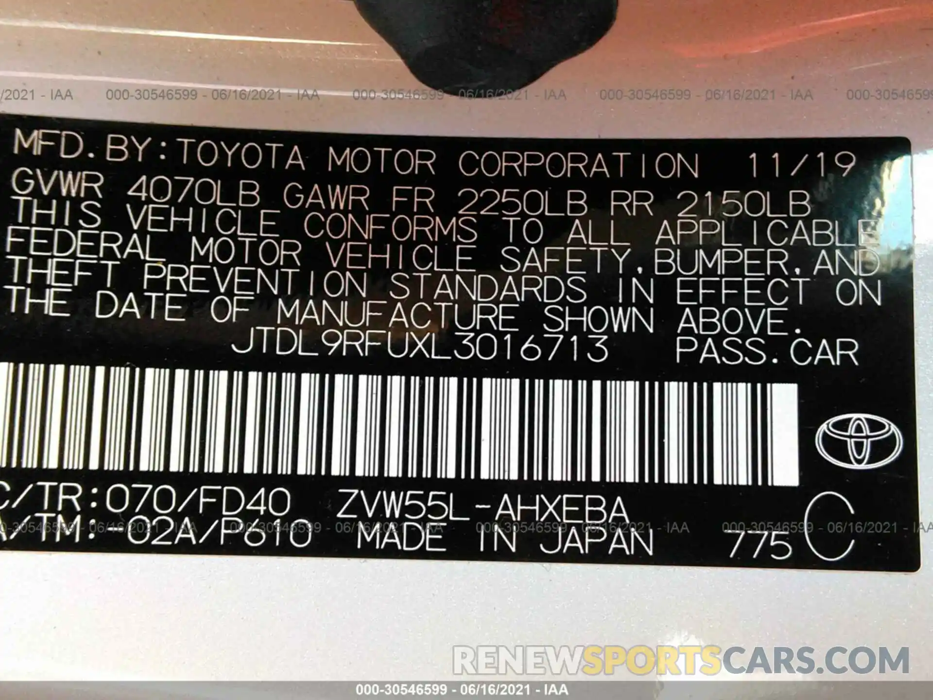 9 Photograph of a damaged car JTDL9RFUXL3016713 TOYOTA PRIUS 2020