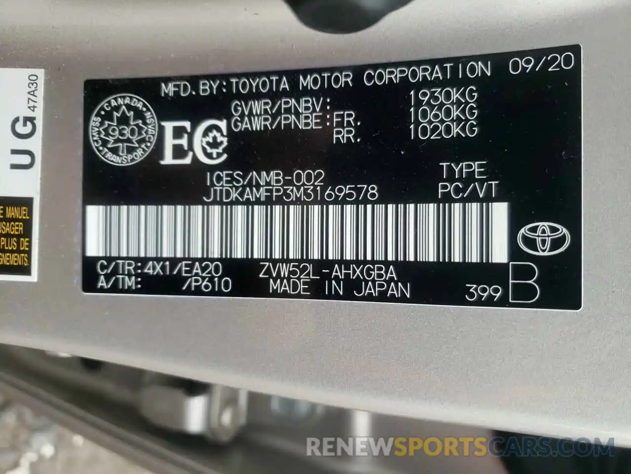 10 Фотография поврежденного автомобиля JTDKAMFP3M3169578 TOYOTA PRIUS 2021