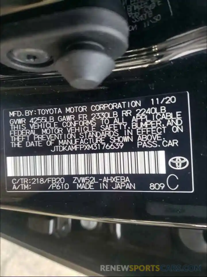 10 Фотография поврежденного автомобиля JTDKAMFPXM3176639 TOYOTA PRIUS 2021