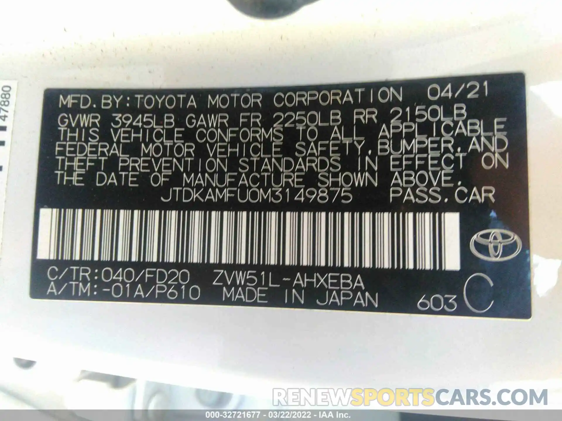 9 Фотография поврежденного автомобиля JTDKAMFU0M3149875 TOYOTA PRIUS 2021