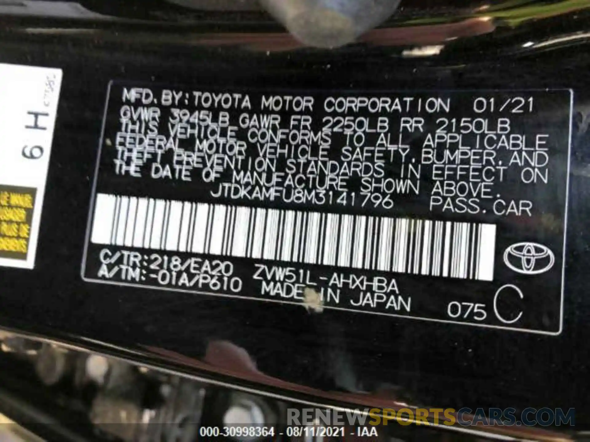 9 Фотография поврежденного автомобиля JTDKAMFU8M3141796 TOYOTA PRIUS 2021