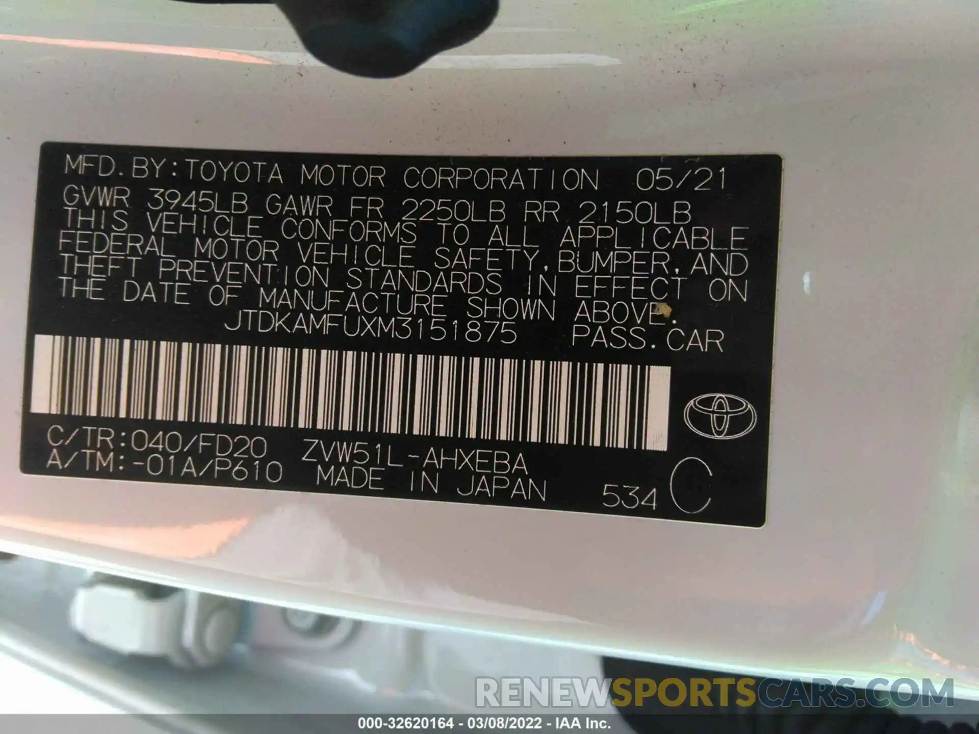 9 Фотография поврежденного автомобиля JTDKAMFUXM3151875 TOYOTA PRIUS 2021