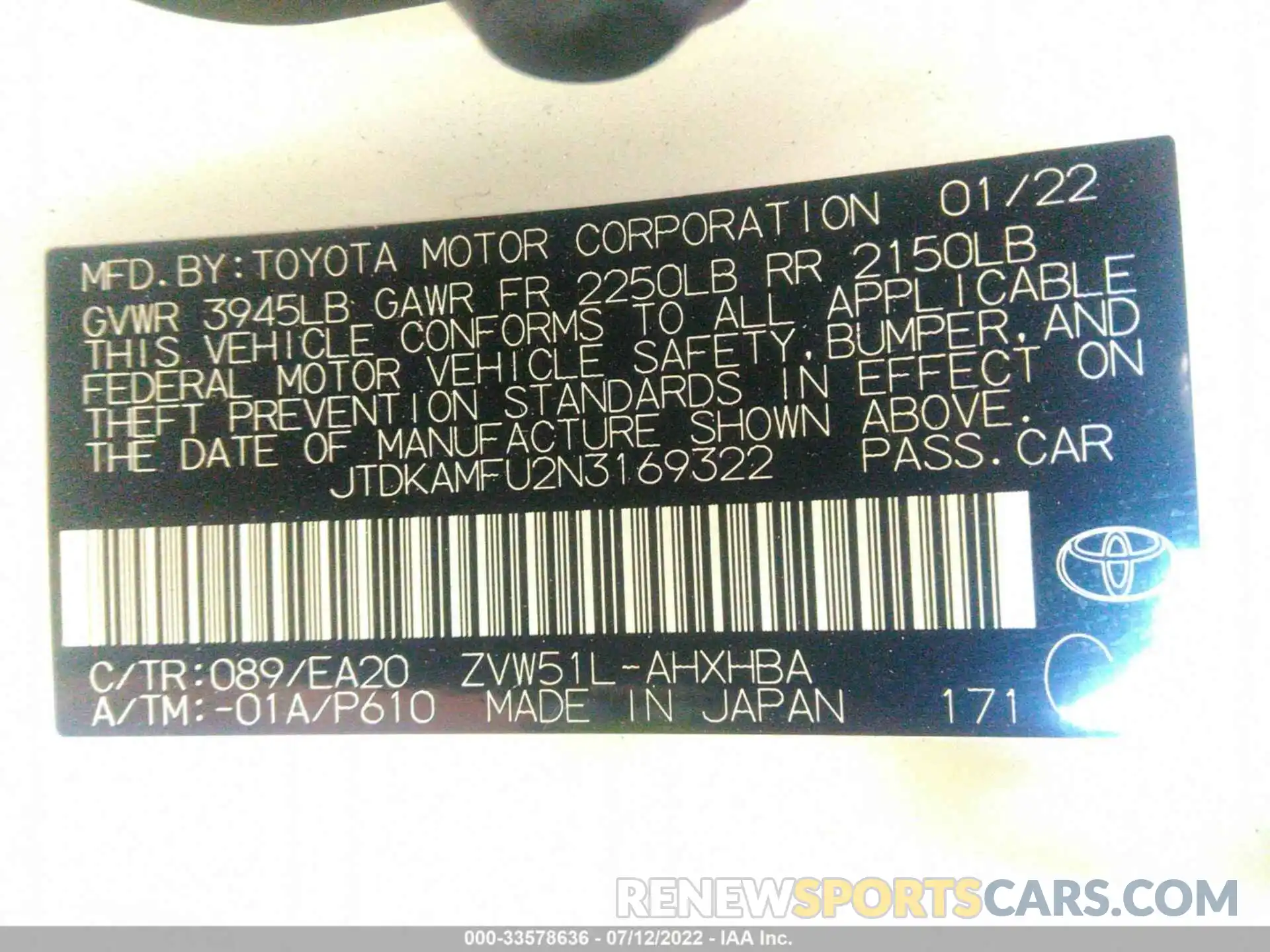 9 Фотография поврежденного автомобиля JTDKAMFU2N3169322 TOYOTA PRIUS 2022