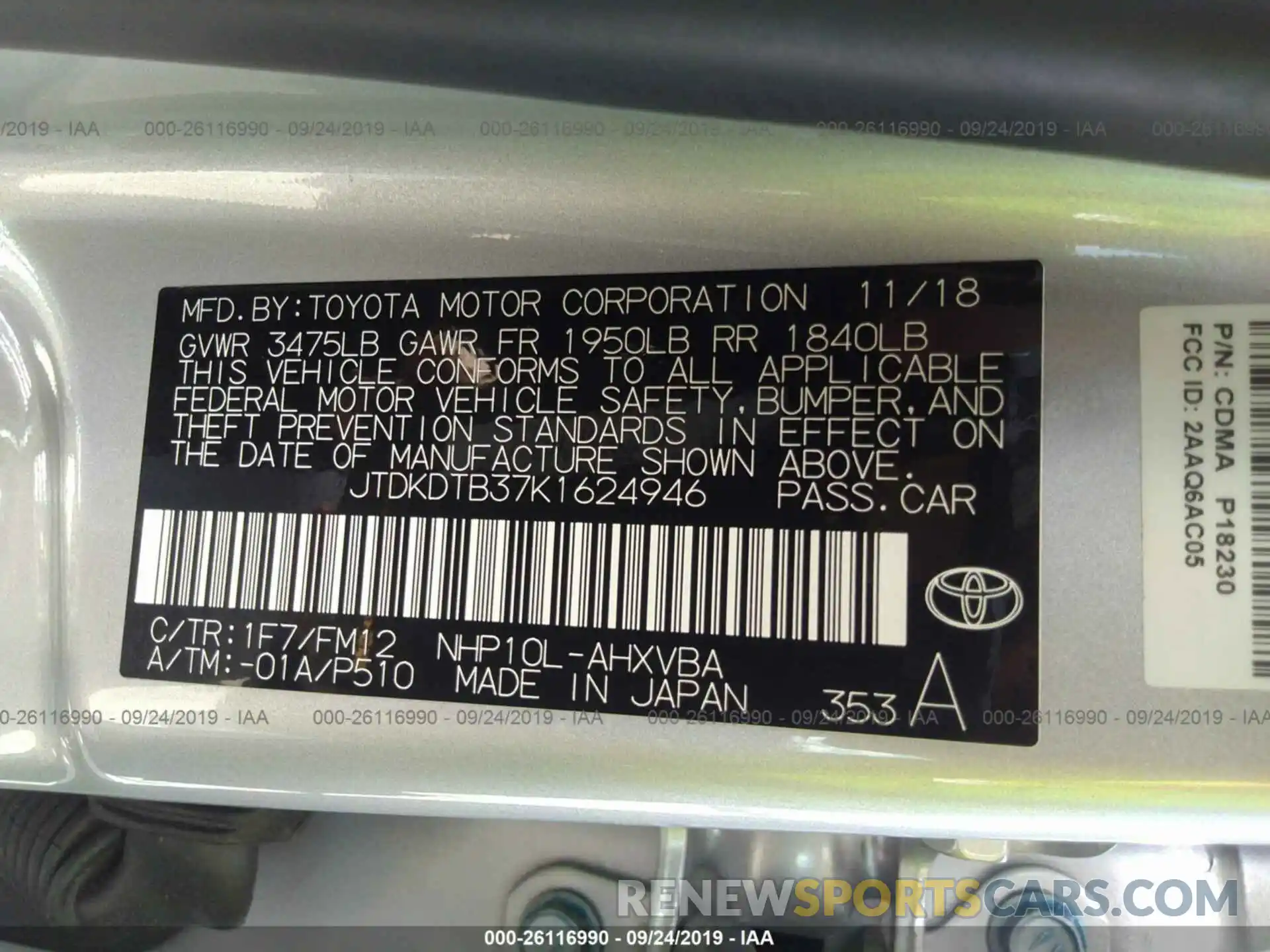 9 Фотография поврежденного автомобиля JTDKDTB37K1624946 TOYOTA PRIUS C 2019