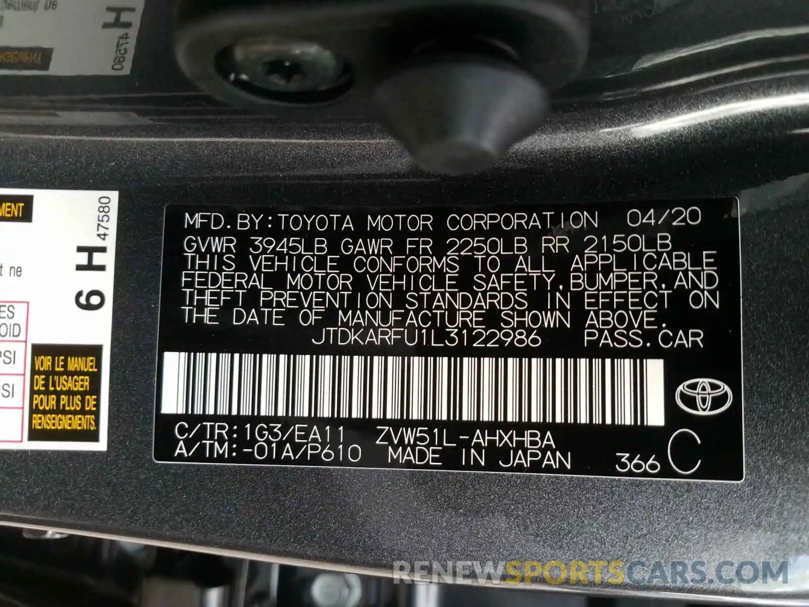 10 Фотография поврежденного автомобиля JTDKARFU1L3122986 TOYOTA PRIUS L 2020