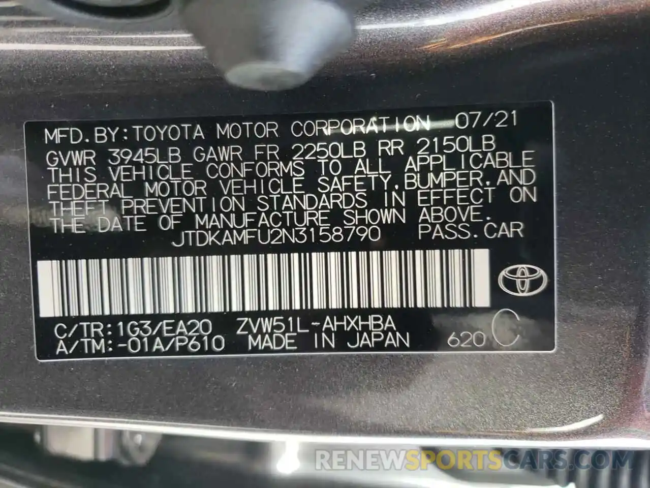 10 Фотография поврежденного автомобиля JTDKAMFU2N3158790 TOYOTA PRIUS NIGH 2022