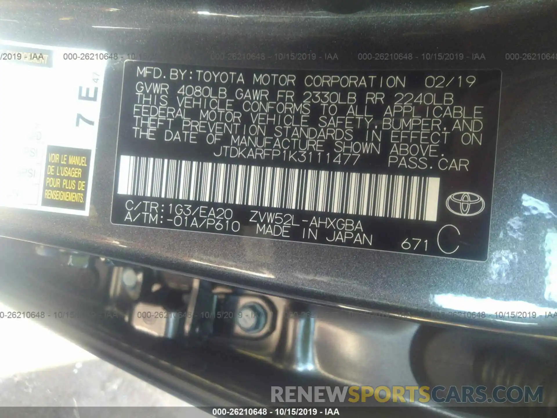 9 Photograph of a damaged car JTDKARFP1K3111477 TOYOTA PRIUS PRIME 2019