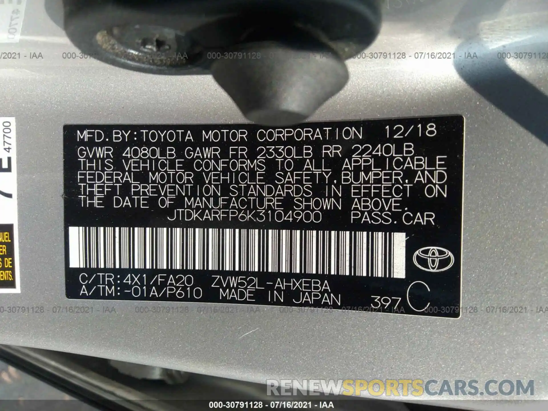 9 Photograph of a damaged car JTDKARFP6K3104900 TOYOTA PRIUS PRIME 2019