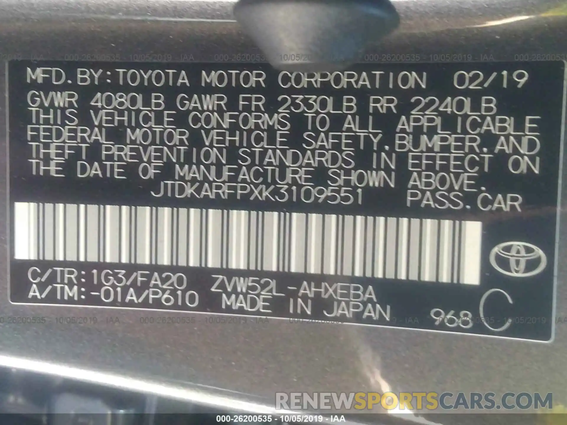 9 Photograph of a damaged car JTDKARFPXK3109551 TOYOTA PRIUS PRIME 2019