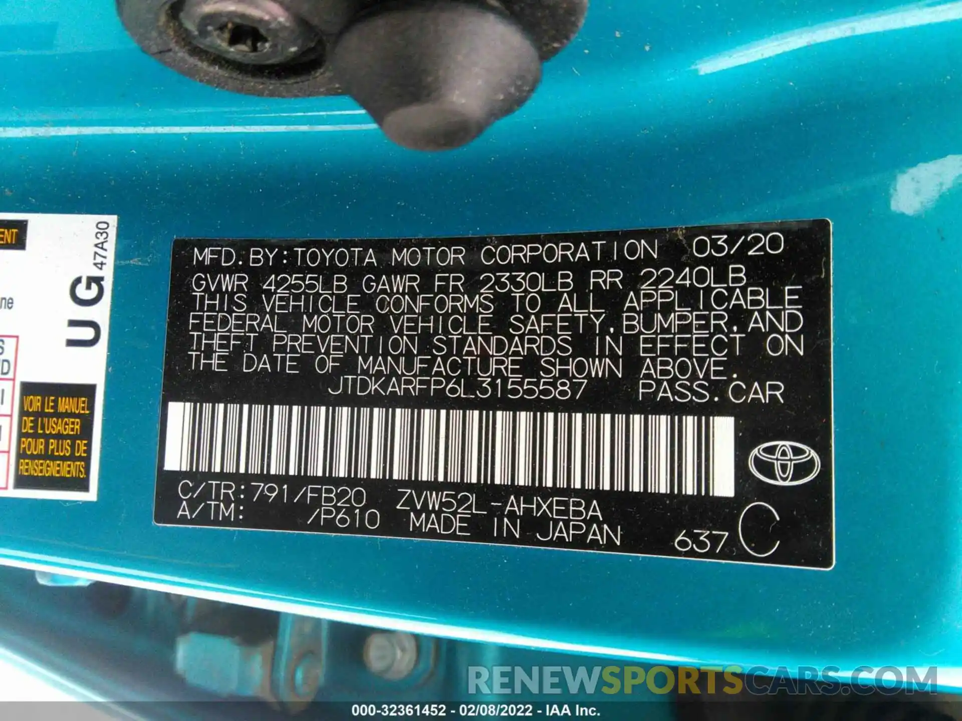 8 Фотография поврежденного автомобиля JTDKARFP6L3155587 TOYOTA PRIUS PRIME 2020