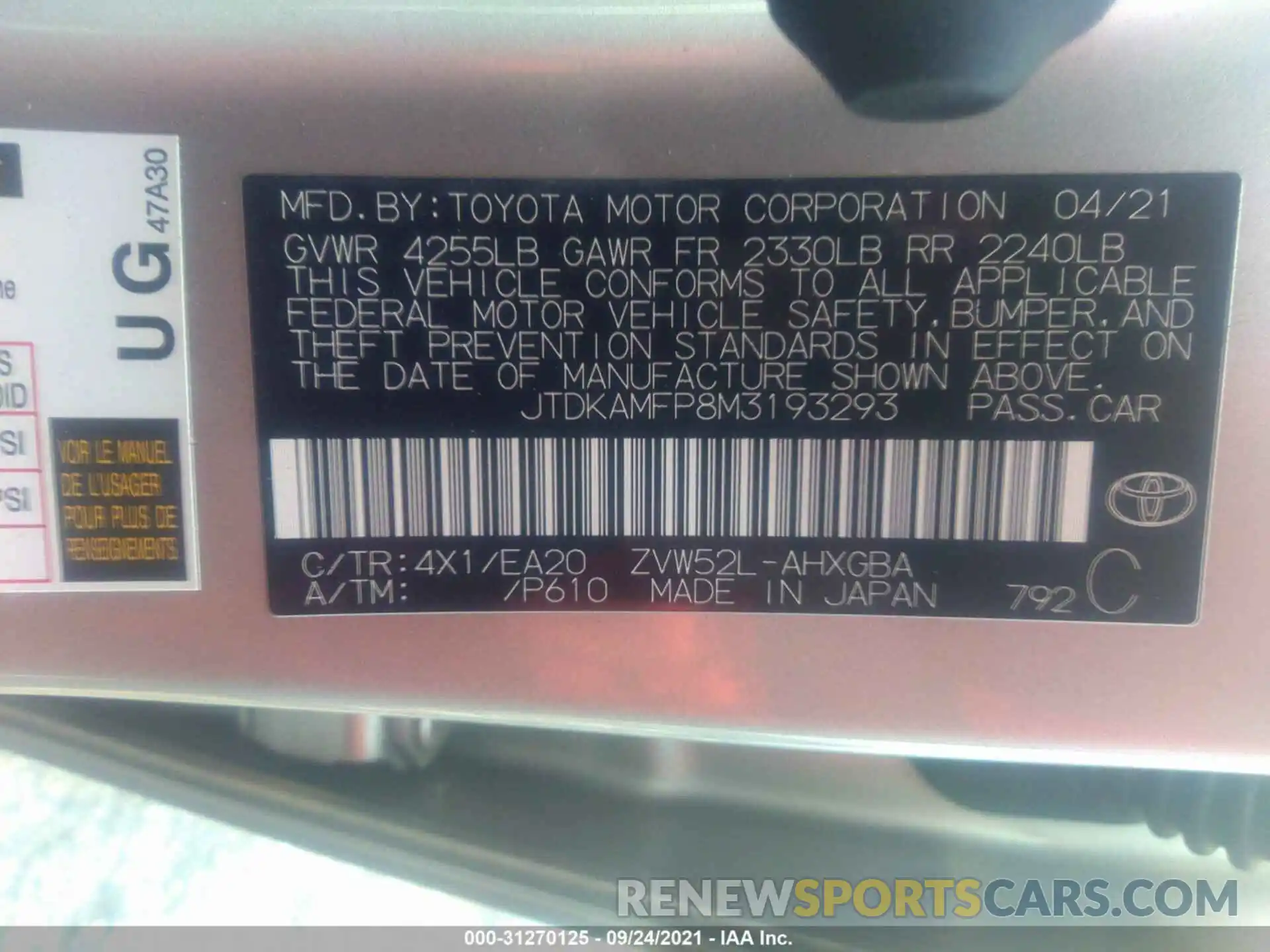 9 Photograph of a damaged car JTDKAMFP8M3193293 TOYOTA PRIUS PRIME 2021