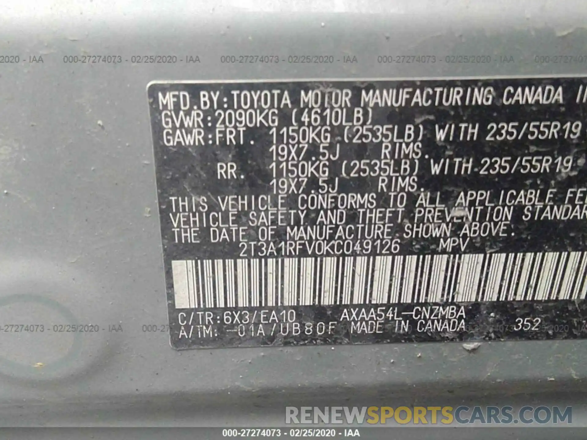 9 Photograph of a damaged car 2T3A1RFV0KC049126 TOYOTA RAV4 2019