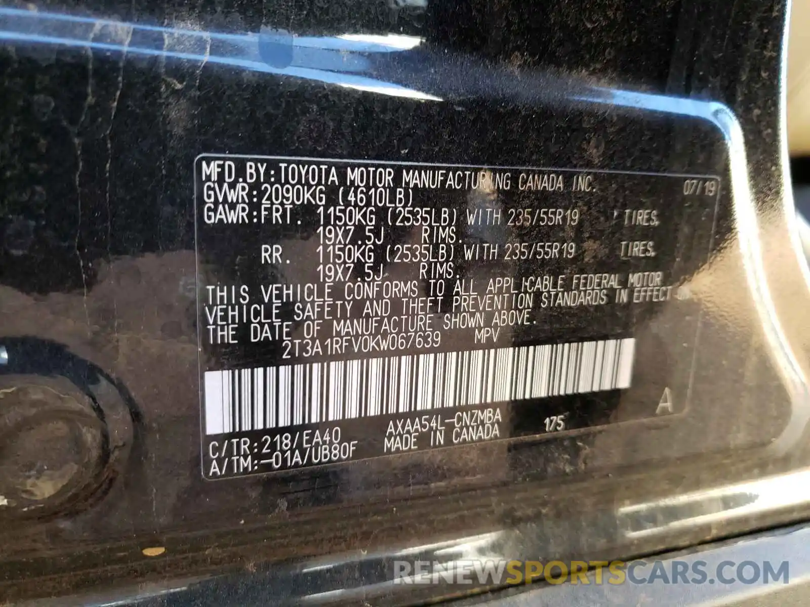 10 Photograph of a damaged car 2T3A1RFV0KW067639 TOYOTA RAV4 2019