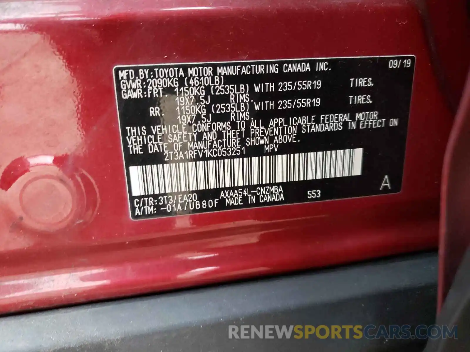 10 Photograph of a damaged car 2T3A1RFV1KC053251 TOYOTA RAV4 2019