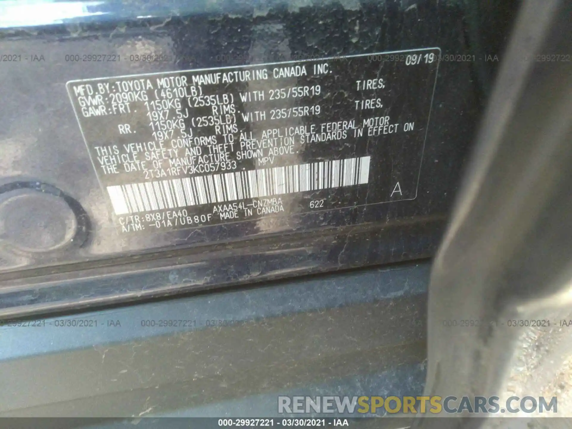 9 Photograph of a damaged car 2T3A1RFV3KC057933 TOYOTA RAV4 2019