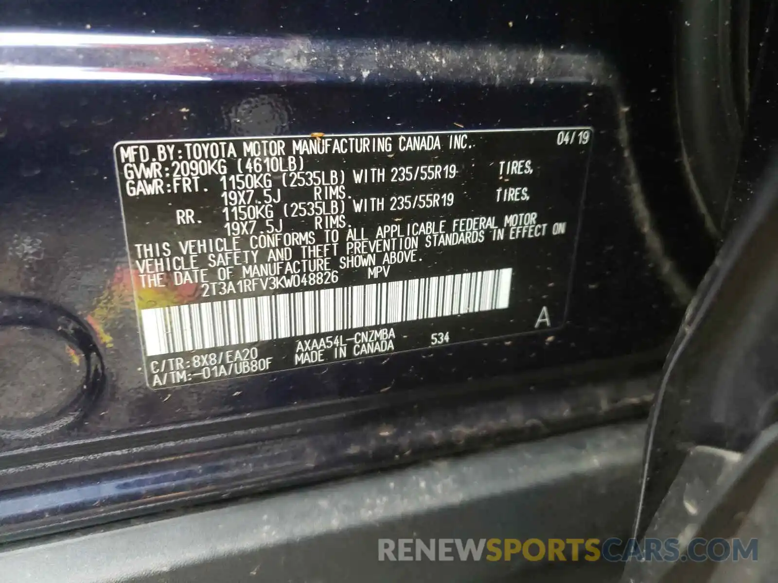 10 Photograph of a damaged car 2T3A1RFV3KW048826 TOYOTA RAV4 2019