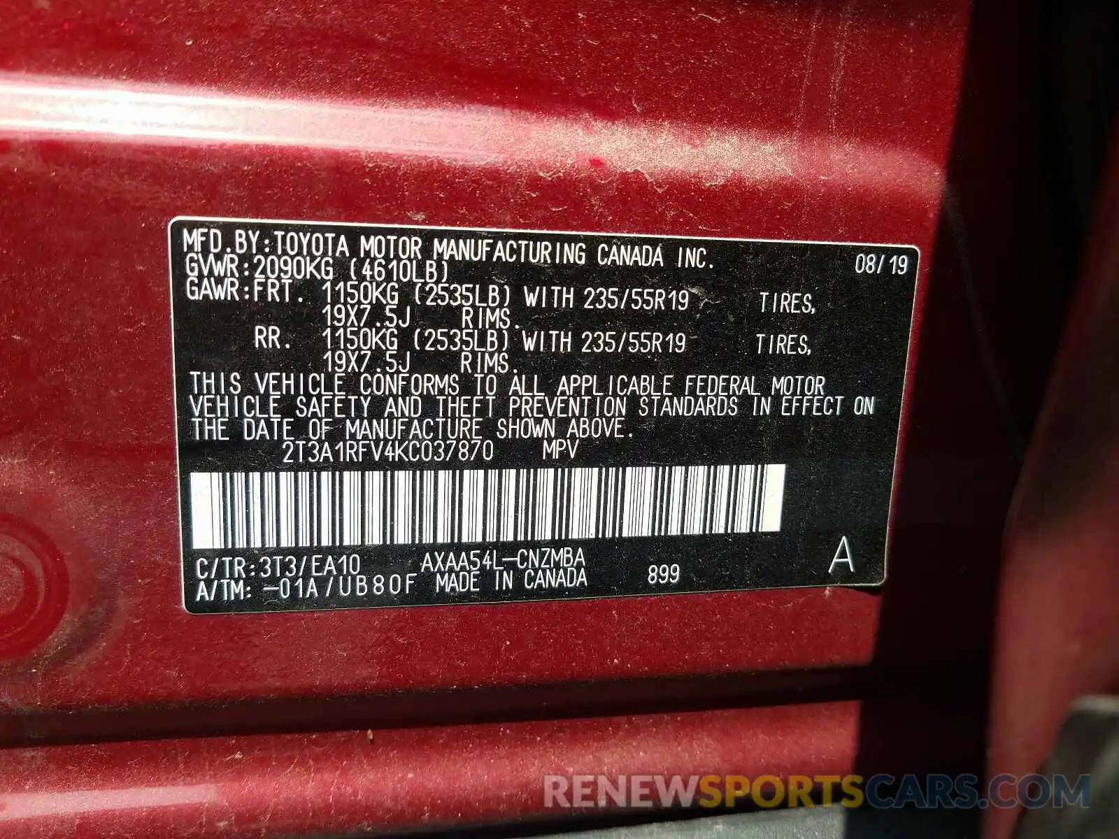 10 Фотография поврежденного автомобиля 2T3A1RFV4KC037870 TOYOTA RAV4 2019