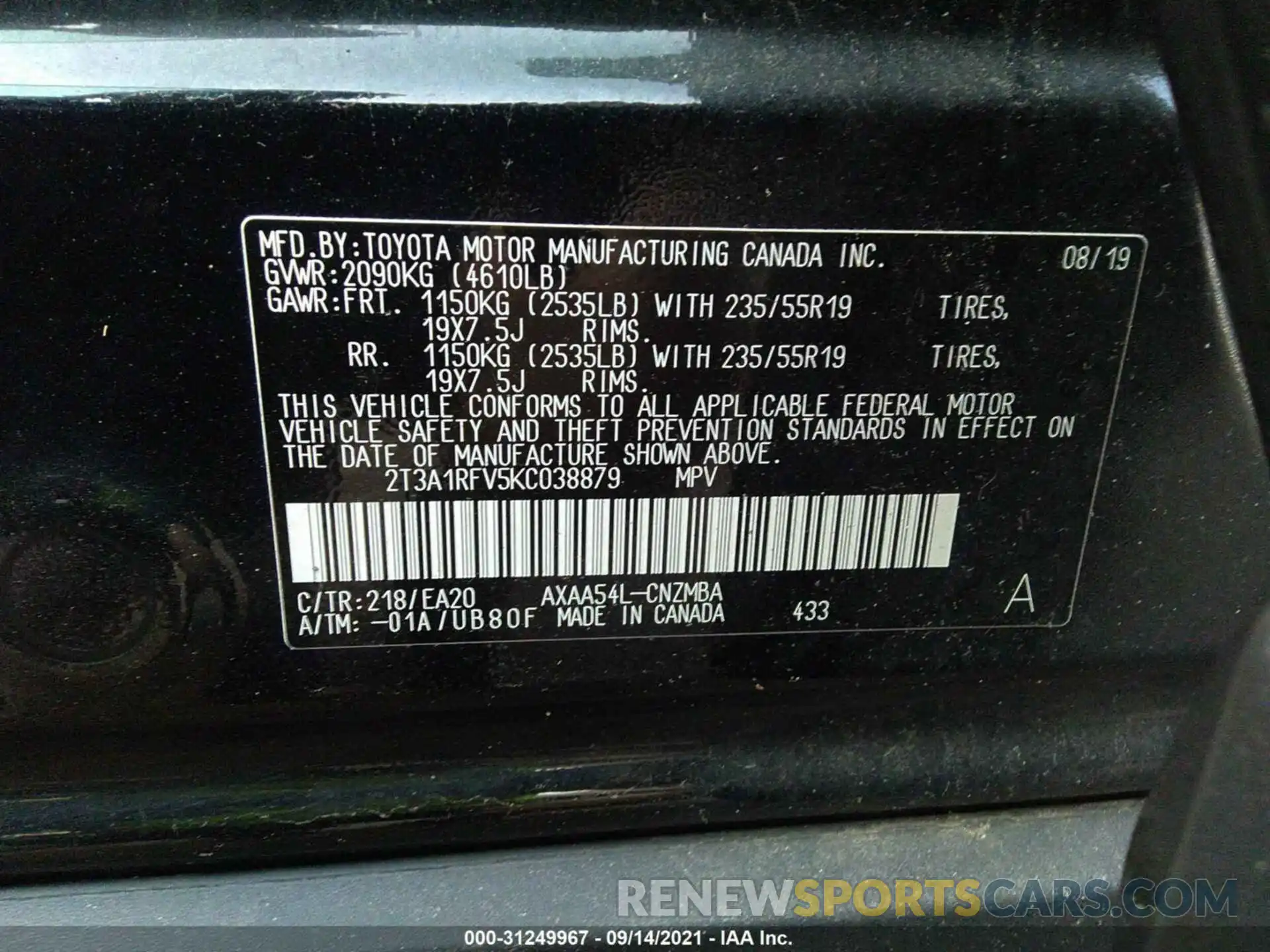 9 Фотография поврежденного автомобиля 2T3A1RFV5KC038879 TOYOTA RAV4 2019