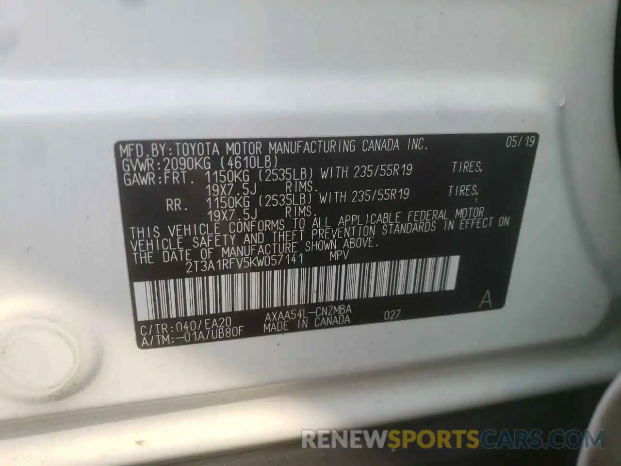 10 Photograph of a damaged car 2T3A1RFV5KW057141 TOYOTA RAV4 2019