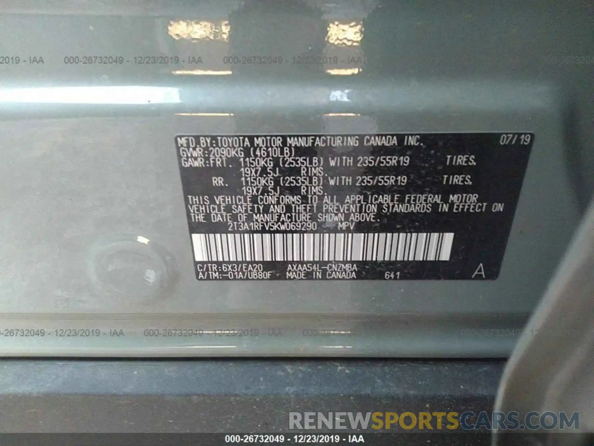 9 Фотография поврежденного автомобиля 2T3A1RFV5KW069290 TOYOTA RAV4 2019